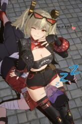 3d breasts burnice_white glasses glasses_on_head gloves head_between_thighs headscissor humiliation shorts thighs zenless_zone_zero
