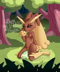 absurd_res anthro arm_tuft big_ears black_nose black_sclera blush bodily_fluids breasts brown_body brown_fur cheek_tuft dialogue easter egg eyebrows facial_tuft featureless_breasts feet female floppy_ears forest front_view fur generation_4_pokemon genital_fluids genitals grass hi_res holidays kneeling long_ears looking_at_viewer lop_ears lopunny nintendo open_mouth pink_eyes plant pokemon pokemon_(species) shumpy small_breasts solo talking_to_viewer text thick_eyebrows thick_thighs tree tuft vaginal_fluids vulva wide_hips wrist_tuft yellow_body yellow_fur