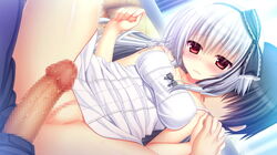 1boy 1girls blush brother_and_sister censored dutch_angle female game_cg hairband incest long_hair mosaic_censoring naked_shirt narumi_toa official_art penis pussy red_eyes ribbon shirt solo_focus sweat utsunomiya_tsumire wagamama_high_spec white_hair