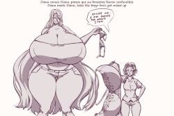 2girls amazon bra breasts cleavage diana_(cat_cris) diana_northgard duo female female_only giantess holding_bra huge_breasts hyper hyper_breasts long_hair looking_at_viewer milf mini_giantess monochrome n647 original original_character size_difference smile text thick_thighs wide_hips