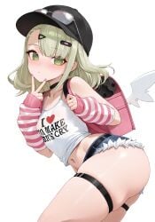 1girls angels_of_delusion ass backpack bag bare_shoulders belly_button belly_piercing blush brat breasts colored_nails crop_top female female_focus female_only green_eyes green_hair hat highres jean_shorts jorts leaning leaning_forward long_hair looking_at_viewer nipples nipples_visible_through_clothing painted_nails peace_sign pink_nails shirt short_shorts shorts simple_background skindentation small_breasts solo standing sunna_(zenless_zone_zero) thick_thighs thighs weimiaw white_background zenless_zone_zero