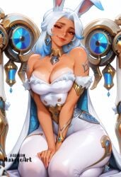 1girl ai_generated animal_ears artist:nuageeart artist_name bangs bare_shoulders breasts bunny_business_domina cleavage closed_mouth collar dark-skinned_female dark_skin domina earrings head_tilt jewelry large_breasts lips long_hair looking_at_viewer mole mole_on_breast nail_polish overwatch overwatch_2 pants rabbit_ears rabbit_girl red_eyes seiza sensitive simple_background sitting smile solo strapless tan tattoo thick_thighs thighs v_arms viera white_background white_hair