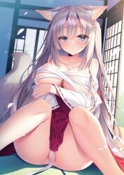 1girls absurdres animal_ear_fluff animal_ears aqua_eyes arm_under_breasts bangs bare_shoulders blue_eyes blush bottomless breast_hold breasts closed_mouth collarbone detached_sleeves exposed_breasts female fox_ears fox_girl fox_tail grey_hair hair_between_eyes hakama hakama_skirt highres huge_breasts japanese_clothes kimono kitsune large_breasts light-skinned_female light_skin long_hair looking_at_viewer low_twintails melonbooks miko nipples no_panties original panties pussy red_hakama ribbon-trimmed_sleeves ribbon_trim sidelocks skirt smile solo tail uncensored very_long_hair white_kimono wide_sleeves yatanukikey