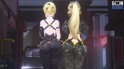 2girls 3d animated ass ass_focus back_view big_ass blonde_hair clothed clothing double_ass_focus evelyn_chevalier female female_focus female_only goonduude hoyoverse laosduude light-skinned_female light_skin mihoyo mihoyo_technology_(shanghai)_co._ltd. no_sound ponytail tagme trigger_(zenless_zone_zero) twerking video zenless_zone_zero