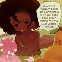 1boy afro alejan_(infa) butt buttcheeks dark-skinned_femboy dark-skinned_male dark-skinned_sissy dark-skinned_twink dark_skin dialogue femboy infantilette inigo_benoit_(infa) insulting insulting_partner nipples nude osugaki purple_eyes sarcasm self_upload sissy solo stuffed stuffed_toy teasing teasing_partner twink