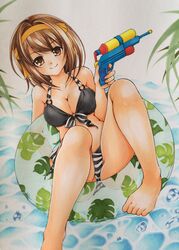 absurdres barefoot bikini breasts brown_eyes brown_hair chirol cleavage female grass hairband highres innertube looking_at_viewer marker_(medium) medium_breasts short_hair smile striped striped_bikini suzumiya_haruhi suzumiya_haruhi_no_yuuutsu swimsuit traditional_media water water_gun