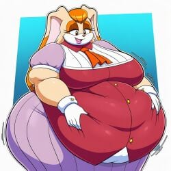 ai_generated ascot bangs beige_fur belly_overhang big_belly big_breasts big_butt button_up_shirt chubby_face fat fat_folds flabby_arms flabby_legs hazel_eyes lavender_dress obese obese_anthro obese_female orange_hair overweight overweight_anthro overweight_female rabbit rabbit_girl red_shirt sonic_the_hedgehog_(series) thick_thighs vanilla_the_rabbit white_gloves wide_hips