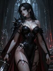 1girls solo breasts large_breasts cleavage long_hair black_hair pale_skin wet glossy_skin looking_at_viewer spiked_armor black_leather corset torn_clothes revealing_clothes thighhighs cape spikes shoulder_spikes metal_armor latex bodysuit choker gothic cathedral dark_fantasy warrior sword weapon female_warrior sweat erect_nipples thighs wide_hips hourglass_figure ai_generated original_character