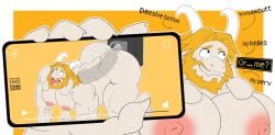 2026 2_horns 5_fingers absurd_res all_fours anal anal_masturbation anal_penetration anthro asgore_dreemurr beard big_butt blonde_beard blonde_eyebrows blonde_facial_hair blonde_hair bodily_fluids bovid butt caprine cellphone dialogue digital_drawing_(artwork) digital_media_(artwork) dildo dildo_in_ass dildo_insertion electronics english_description english_text eyebrows facial_hair fingers fur goat hair hi_res holding_cellphone holding_object holding_phone horn itsme_hilo lactating looking_pleasured male male_lactation mammal masturbation mature_male moobs nipples object_in_ass open_mouth penetration phone pink_nipples question_mark sex_toy sex_toy_in_ass sex_toy_insertion small_tail solo tail text thick_thighs tongue tongue_out undertale_(series) white_body white_fur