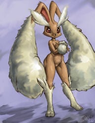 anthro athletic athletic_anthro athletic_female big_ears biped black_sclera breasts brown_body brown_fur cleavage closed_smile clothed clothing colored covering covering_chest covering_self digital_media_(artwork) eyebrows female female_anthro female_only fluffy_ears full-length_portrait fur generation_4_pokemon genitals humanoid_hands long_ears looking_at_viewer lopunny mouth_closed nintendo paws pinderhooks pokemon pokemon_(species) portrait red_eyes shaded signature smile solo standing tan_body tan_fur thick_eyebrows vulva