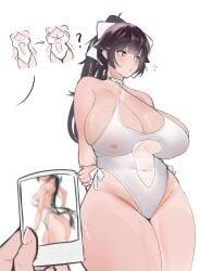 weebchair azur_lane takao_(azur_lane) absurdres commentary english_commentary highres 1girl 1other alternate_breast_size_(larger) bare_shoulders black_hair breasts holding huge_breasts long_hair looking_to_the_side navel nipples plump ponytail pov solo_focus swimsuit thick_thighs thighs weight_gain yellow_eyes