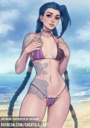 1girls 2d 2d_(artwork) arcane arcane_jinx armpits arms_up arms_up_pose beach belly bikini blue_eyes blue_hair chertila choker was digital_drawing_(artwork) digital_media_(artwork) female flat_belly flat_chested hi_res hourglass_figure human jinx_(arcane) jinx_(league_of_legends) league_of_legends light-skinned_female light_skin long_hair navel netflix outside painted_nails pale-skinned_female pale_skin pose posing presenting_body pubic_hair pubic_hair_peek red_eyes riot_games sand slim_waist small_breasts smile smiling solo string_bikini swimsuit tattoo tattooed_arm tattoos thighs tied_hair twintails very_long_hair water wide_hips cameltoe camel_toe bikini_top bikini_bottom thick_legs big_ass tits breasts sideboob nipples_visible_through_clothing nipple_bulge nipple_outline skinny skinny_female variant_set confident confident_pose confident_smile