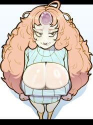 pearl_(steven_universe) zamoshvik blue_eyes white_body white_female big_breasts pointy_nose pointy_breasts pointy_nipples tight_clothing tight_fit sweater_dress boob_window blushed_face
