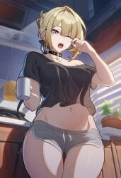 evelyn_chevalier zenless_zone_zero mihoyo hoyoverse ai_generated lunealter 1girls female female_only female_focus mature_female blonde_hair blonde_female multicolored_eyes one_eye_closed tired yawning looking_at_viewer alternate_costume partially_clothed light_skin light-skinned_female no_bra black_shirt minishorts belly_button midriff big_breasts big_ass big_butt big_thighs thick_thighs thick_ass thick_hips thick_legs thick_butt exposed_midriff exposed_legs sfw 2026 morning holding_object kitchen yellow_nails