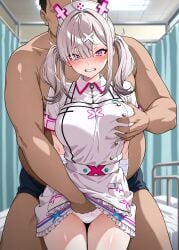 ai_generated blush blushing exposed_panties fat_male grey_hair_female gritted_teeth grope grope_from_behind groped groping groping_breast groping_from_behind hand_in_another's_panties hand_in_panties hospital_bed light-skinned_female nijisanji nurse nurse_cap nurse_clothing nurse_uniform older_male_and_younger_female rubbing_pussy sexual_assault sexual_harassment skirt_up sukoya_kana sukoya_kana_(1st_costume) tears twintails_(hairstyle) violated virtual_youtuber vtuber white_panties