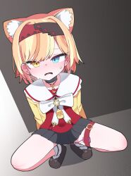 1girl absurdres animal_ear_fluff animal_ears black_shoes black_skirt blonde_hair blue_eyes blush bow breath cat_ears cat_girl commentary_request commission fang full_body hairband heterochromia hh highres looking_at_viewer miniskirt multicolored_hairband original petite pleated_skirt red_hairband sex_toy shoes skirt socks solo squatting sweat thigh_strap two-tone_hairband vibrator vibrator_cord vibrator_in_thigh_strap white_bow white_socks yellow_eyes