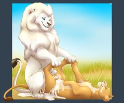 blue_eyes cum duo feline female feral fur grass lion lying male mammal outside savanna sex sky smile straight tawnix