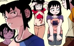 ennuikalart trudy_(ennuikal) gertrude_"trudy"_tennacy_(ennuikal) original original_character oc metrogeneric_(ennui_the_show) collage cropped no_background beige_background simple_shading simple_eyes simple_coloring simple simple_drawing simple_face tagme cleavage medium_breasts breasts boobs black_hair markings_on_face double_bun hair_bun raven_hair boob_bulge belt belt_buckle khaki_pants brown_pants blue_jeans t-shirt mob_face dot_eyes expressionless