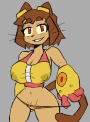 kit_(gameoverse) brown_hair red_eyes smile gameoverse pulling_panties cat_ears cat_tail tail gloves bikini looking_at_viewer lactating artist:walmas