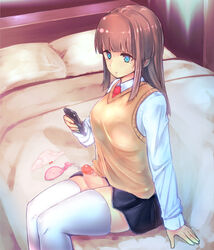 1futa arm_support bed blue_eyes breasts brown_hair cardigan condom erection erection_under_clothes erection_under_skirt expressionless futa_only futa_sans_balls futanari horny intersex large_penis long_hair no_panties original panties_removed penis penis_under_clothes penis_under_skirt pleated_skirt sitting skindentation skirt skirt_lift small_breasts solo thighhighs tie underwear urakata_(artist) used_condom zettai_ryouiki