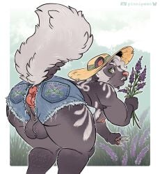furry anthro skunk spotted_skunk original_character verne_culpepper balls big_balls big_butt bottom_heavy femboy mature mature_femboy floral_pattern flowers picking_flowers daisy_dukes short_shorts ripped_pants accidental_exposure sun_hat green_eyes big_hips ass ass_focus asshole anus backsack fluffy_tail pinnipeen artist_logo artist_name leaning_forward bending_over