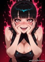 1girl 2026 ai_generated anime bangs bare_shoulders black_dress black_hair blunt_bangs blush boobs breasts brown_eyes china_dress chinese_clothes cleavage cleavage_cutout clothing_cutout covered_nipples crossover dress eve_(stellar_blade) eye_contact female female_focus flushed hands_on_own_cheeks hands_on_own_face heart heart-shaped_pupils highres huge_breasts large_breasts long_hair looking_at_viewer moaning nsfw open_mouth patreon patreon_username ponytail rognezart shift_up sleeveless sleeveless_dress smile smiling solo stellar_blade symbol-shaped_pupils teeth tongue upper_body very_long_hair watermark web_address