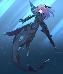 1girl absurdres air_bubble armor black_gloves blue_background blue_eyes blush bodysuit breasts bubble commentary_request covered_navel covered_pussy diving_suit fins gloves hairband highres holding holding_polearm holding_weapon huge_weapon light_rays long_sidelocks looking_to_the_side mecha_musume medium_breasts merfolk mermaid monster_girl natsukaze_shigure original polearm purple_hair sidelocks skin_tight solo twintails underwater very_long_sidelocks weapon