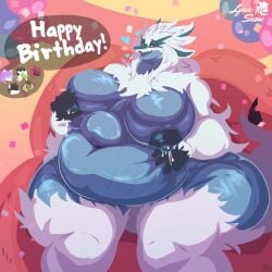 after_transformation anthro areola belly belly_expansion belly_grab belly_inflation belly_overhang big_areola big_belly big_breasts birthday blue_body bodily_fluids breasts cake dessert digital_media_(artwork) double_chin dragon eating expansion female female_only fluffy food fur furred_dragon furred_scalie growth hair heart_symbol hearts_around_head hi_res holding_breast holding_food holding_object horn huge_areola huge_belly huge_breasts huge_hips huge_thighs inflation lactating long_hair looking_at_viewer lynnsnowmew mythological_creature mythological_scalie mythology navel nipples obese open_mouth overweight overweight_female scalie smile solo speech_bubble stretch_marks tail text thick_thighs transformation tuft weight_gain weight_gain_sequence white_body white_hair wide_hips