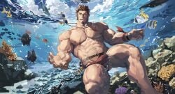 1boy abs bandana_around_arm bara beard beefy belt biceps big_areola big_bulge big_hands blue_eyes bracelet breasts broad_shoulders brown_hair bubble bulge bulge_through_clothing collarbone colorful_background coral cross_scar daddy dilf diving fate/grand_order fate_(series) fish gay genital_outline goatee hi_res hunk in_water laugh leg_hair legs_apart looking_at_viewer male male_breasts male_only manly mature_male morning muscles muscular muscular_arms muscular_legs muscular_male muscular_neck muscular_thighs napoleon_bonaparte_(fate) navel neckwear open_hand pecs pubic_hair quadriceps scar scar_on_chest shadow short_hair sideburns six_pack solo sunglasses sunglasses_removed swim_briefs swimming swimsuit swimwear tekkowang thong topless tough_guy triceps tropical tropical_fish underwater underwear_only v-shaped_eyebrows widescreen yaoi