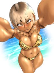 gage 1girls original character_request leopard_print large_breasts wet water navel swimsuit dark-skinned_female blonde_hair smile lips orange_eyes blush fang looking_at_viewer pov