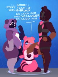 ambiguous_gender anthro bear bulletproof_vest clothing comparing cuddle_team_leader dark_body dark_skin disgust epic_games fortnite fur group hi_res hooded humanoid kneeling lust_(hailey_png) male mammal onesie penis_size_difference pink_clothing purple_body purple_fur raven_team_leader size_shaming snuggs_(fortnite) trio