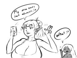 2girls ashlindhe_(franktonius) attribute_theft big_breasts body_part_swap breasts cellphone cleavage deaf elf_ears english_text franktonius oc original phone pointy_ears selfie skin_tone_difference skin_tone_mismatch smartphone speaking speech_bubble talking text