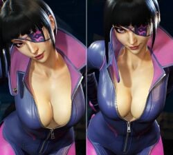 3d 1girls smile seductive_look lips eyepatch hair_horns looking_at_viewer pov street_fighter_v street_fighter juri_han large_breasts unzipped bodysuit