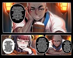 narberal_gamma overlord 1boy 1girl dark_skin dark-skinned_male muscular_male bald_man purple_hair yellow_eyes large_breasts cleavage orange_outfit black_choker bar tavern flirting seduction teasing speech_bubble english_text multiple_speech_bubbles multiple_panels comic comic_page highres detailed_background warm_lighting artist:namiemoon bald short_hair setting wooden_background smug smiling dirty_talk multi_panel very_high_resolution 2d anime_style ai_generated ai_assisted ai ai_art