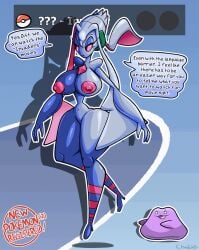 1girls after_transformation alien alien_girl alien_humanoid big_ditt_(chabble) burnet_(pokemon) chabble dancing ditto floating gray_body gray_skin headwear metalic_skin metallic_body pink_eyes pink_nipples pokemon pokemon_(species) pokemon_only pokestar_studios post-transformation talking tentacle tentacle_hair transformation