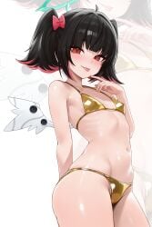 1girls :p angels_of_delusion bare_shoulders belly_button bikini black_hair blush bra breasts colored_nails female female_focus female_only gold_bikini highres looking_at_viewer nangong_yu_(zenless_zone_zero) painted_nails panties pink_hair red_eyes simple_background small_breasts smile solo standing stomach swimsuit thighs tongue_out twintails underwear weimiaw white_background wings zenless_zone_zero