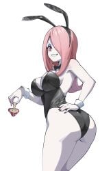 1girl absurdres ass black_bow black_bowtie black_leotard bow bowtie breasts commentary detached_collar from_behind hair_over_one_eye hand_on_own_hip happy_easter highres holding holding_mushroom kanashikeki leotard little_witch_academia long_hair looking_back mushroom pale_skin pink_hair playboy_bunny red_eyes sharp_teeth simple_background smile solo spanish_commentary standing strapless strapless_leotard sucy_manbavaran teeth white_background white_wrist_cuffs wrist_cuffs