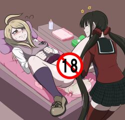 2girls akamatsu_kaede back black_hair blonde_hair breasts brown_eyes censored censored_pussy changing_table closed_eyes danganronpa diaper diaper_change female female_only hair_scrunchie harukawa_maki laying_down legs_up loafers long_hair medium_breasts mole_under_eye musical_note_hair_ornament necktie nervous pillow purple_pillow purple_skirt purple_socks purple_vest red-moda red_thighhighs school_uniform shirt skirt skirt_lift smiling socks thighhighs twintails vest white_shirt wipes