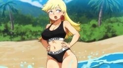 1girls beach blonde_hair blue_eyes breasts female higher_resolution_available jcm2 leni_loud the_loud_house solo nickelodeon ai_generated ai_assisted edit grok cleavage sports_bra panties blacked blacked_clothing outdoors hands_on_hips earrings open_mouth