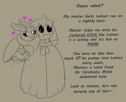 2_antennae 6_legs antennae_(anatomy) arthropod arthropod_abdomen bestiality bestiality_humiliation black_sclera blue_pupils blush bodily_fluids carrying_another celestial_being chromatic_moth cloaca_juice cloak clothed clothing describing_genitalia describing_penis description dialogue dirty_talk duo female female_on_humanoid feral folded_wings fur genital_fluids half-closed_eyes head_tuft hi_res human human_on_feral humanoid insect insect_wings interspecies lepidopteran lepidopteran_wings lidded_eyes looking_at_another looking_at_viewer lumen_(sabbath_goat) male male/female male_on_feral mammal moth narrowed_eyes nephilim on_another on_another's_shoulders on_shoulder open_mouth profanity pupils sabbath_goat simple_background talking_feral talking_to_viewer text tuft vulgar william_(sabbath_goat) wings