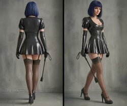 3d 3d_model 3d_render ai_generated bdsm_outfit black_latex blue_hair dominant_female dominatrix female female_only femdom high_heels latex latex_dress latex_gloves mistress riding_crop stockings