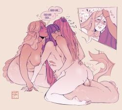 nsfsanti threesome mermaid 3girls mermaid_girl futanari girlcock femdom tagme head_pat cowgirl_position blush blushing gills