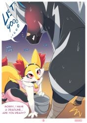 4_fingers anthro black_body black_fur blush bodily_fluids boro_the_zebstrika braixen bucket clothed clothed_anthro clothed_male clothing comic container dialogue duo ellie_the_braixen english_text femboy feral fingers fur generation_5_pokemon generation_6_pokemon hi_res inner_ear_fluff male male_anthro male_feral nikkibunn nintendo pink_clothing pokemon pokemon_(species) red_eyes speech_bubble sweat sweatdrop tail teeth text tuft white_body yellow_body yellow_fur yellow_tail zebstrika