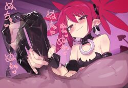 1boy 1girls absurdres disgaea disgaea_1 earrings etna female female_focus gloves hair_between_eyes highres jank365m nippon_ichi_software petite pointy_ears red_eyes red_hair skull_earrings slit_pupils small_breasts