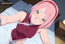 1girl ai_generated anime anime_style bed bedroom blush boruto boruto:_naruto_next_generations breasts dress facial_mark forehead_mark from_above green_eyes hairband haruno_sakura hentai hi_res indoors looking_at_viewer medium_breasts mystic_maidens naruto naruto_(classic) naruto_(series) naruto_shippuden on_bed panties patreon pink_hair pov red_hairband sakura_haruno short_hair smile solo underwear