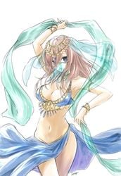 arabian_clothes belly_dancer belly_dancer_outfit blue_eyes breasts cleavage dancer dancer_outfit female female_only floating_hair go-toubun_no_hanayome harem_girl harem_outfit highres large_breasts looking_at_viewer medium_hair midriff mitsugu nakano_miku navel red_hair solo white_background