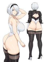 1girls 3:4 absurdres ass big_ass big_breasts black_boots black_hairband black_leotard blue_eyes boots breasts commentary female female_only full_body hair_over_one_eye hairband high_heels highleg highleg_leotard highres ksksksa large_ass large_breasts leotard light-skinned_female looking_at_viewer mole mole_under_mouth multicolored_leotard multiple_views nier nier:_automata nier_(series) short_hair solo symbol-only_commentary thigh_boots thighs thong_leotard white_background white_hair white_leotard yorha_2b