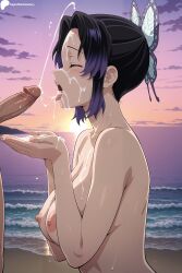 1boy ai_generated bangs beach black_hair blush breasts bug butterfly butterfly_hair_ornament closed_eyes cloud collarbone cum cum_in_mouth cum_on_body cum_on_breasts cum_on_tongue cum_on_upper_body demon_slayer digitalwaifugallery ejaculation facial female gradient_hair hair_ornament hi_res high_quality high_resolution insects kimetsu_no_yaiba kochou_shinobu large_breasts multicolored_hair nipples nude ocean open_mouth outdoors parted_bangs patreon penis purple_hair seductive sexy shinobu short_hair sky solo_focus straight uncensored upper_body water watermark