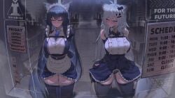 2girls ahoge alternate_breast_size_(larger) arknights arms_behind_back black_dress black_hair black_thighhighs blue_eyes blush bound bound_arms breasts commentary commission dress english_commentary enmaided gag grey_hair highres huge_breasts kajoki kneeling lappland_(arknights) long_hair maid maid_headdress multiple_girls raised_inner_eyebrows restrained scar scar_across_eye scar_on_face second-party_source sex_toy texas_(arknights) thighhighs thighs very_long_hair vibrator yellow_eyes