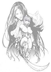 bare_shoulders black_hair boots character_request collar corset detached_sleeves fingernails groin homare_(fool's_art) lips long_fingernails long_hair monochrome nipples no_bra sketch smirk sword topless very_long_hair weapon